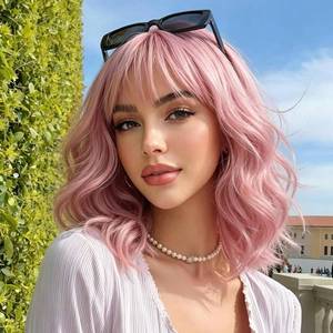 lot 7875 image: Pink Wavy Bob Wig with Bangs - Short Curly Synthetic Cosplay Wig, 14in Pink