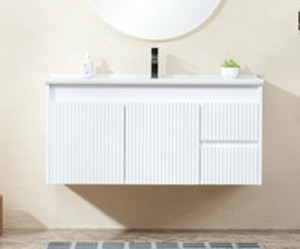 Floating Bathroom Vanity 40 Inch, Wall Mounted Bathroom Vanity with Ceramic Sink and 2 Drawers for Storage, Modern Wave-Carved Design Wooden Sink Cabinet, white - Retail: $400