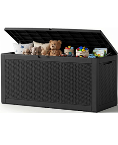 lot 40 image: Outdoor Storage Box, 160 Gallon Waterproof Resin Deck Box with Support RodUV Resistant Lockable Package Delivery Bin, Shoe, Patio & Garden Tools Storage, Toy Cabinet, Ottoman, IndoorOutdoor - Retail $175