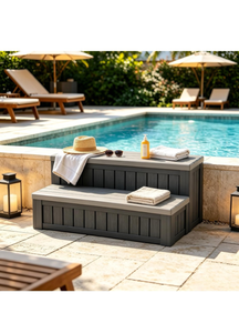 lot 43 image: Fancyango Hot Tub Steps with Storage 36.6 L Two-Tone Gray & BlackWaterproof Plastic Outdoor Spa Stairs, Deck & Dock Access Stool - Retail $100