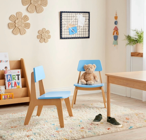 lot 47 image: Pillowfort Kids Wood and blue Chairs - Set of 2 - Retail $120