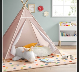 lot 56 image: Childrens Teepee Tent Pink and White with Wooden Frame - Retail $55