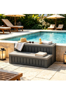 lot 71 image: Fancyango Hot Tub Steps with Storage 36.6 L Two-Tone Gray & BlackWaterproof Plastic Outdoor Spa Stairs, Deck & Dock Access Stool - Retail $120
