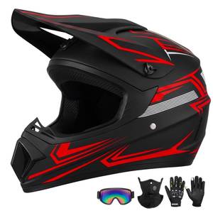 lot 75 image: Youth Kids Dirt Bike Motocross Helmet (Goggles Gloves Face Mask) 4PCS Set, DOT Approved Boys Girls Full Face Motorcycle Helmets, ATV BMX MX Mountain Bike Off Road Kid Helmet (Red, M) - Retail $60