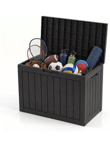 lot 97 image: 50 Gallon Outdoor Storage Box, Resin Deck Box for Patio Cushions, Garden Tools & Pool Accessories, Waterproof Lockable Storage Container, Weather Resistant Patio Storage Chest, Black  - Retail $60
