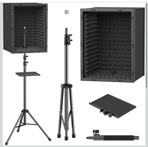 lot 103 image: TONOR Microphone Isolation Shield for Studio with Tripod Stand, Vocal BoothProfessional Mic Shield, Adjustable Height Max 53.1 inch, Sound Proof Box for Singing, Recording Studio Equipment - Retail $100