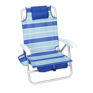 lot 106 image: Mainstays Reclining Lay Flat Backpack Beach Chair with Adjustable Pillow  Blue Stripe - Retail $50