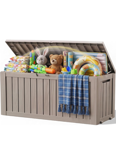 lot 110 image: Outdoor Storage Box Waterproof,150 Gal Gen 2 Resin Deck Box With WheelsUV Protected Large Outside Storage Cabinet With Gas Struts, Ideal For Toy, Garden Storage & Patio Package Delivery Box - Retail $110