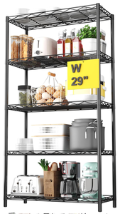 lot 111 image: 5-Tier Wire Shelving Unit, Extra Wide Metal Storage Rack, Free Standing Rack, Durable Organizer Perfect for Pantry Closet Kitchen Laundry Organization in Black, 29 W x 14 D x 61 H - Retail $75