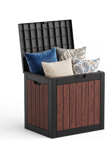 lot 115 image: 40 Gallon Outdoor Deck Box, Lockable Waterproof Resin Storage Container, Weatherproof Storage Box for Garden Tools, Patio Cushions & Outdoor Accessories (Walnut) - Retail $50