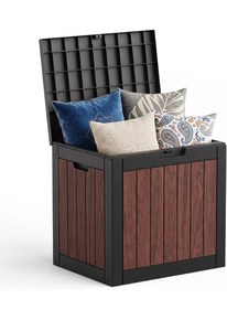 lot 116 image: 40 Gallon Outdoor Deck Box, Lockable Waterproof Resin Storage Container, Weatherproof Storage Box for Garden Tools, Patio Cushions & Outdoor Accessories (Walnut) - Retail $50