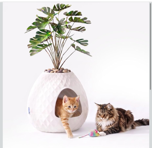 lot 120 image: EFU Hidden Cat Litter Box Enclosure with 24 Faux Plant & Pebbles, Large, Beige - Retail $90