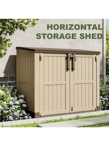 lot 124 image: 36 Cu Ft Resin Outdoor Storage Shed, Weatherproof Horizontal Outdoor Storage Cabinet with Dual Lock Door for Backyard, Patio, Garage, Garden () - Retail $239