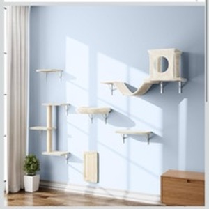 lot 128 image: Cat Wall Shelves, 6 Pcs Luxury Wall-Mounted Cat Climber Set, Beige - Retail $80