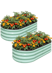 lot 137 image: Raised Garden Bed Outdoor 4x2x1ft, 2 PackGalvanized Steel, Oval Metal Planter Box, Bottomless, for Planting Plants Vegetables Flowers Herbs, Green - Retail $90