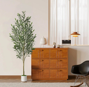 lot 139 image: Faux Olive Tree 6ft with Sturdy White Planter, Artificial Olive TreeOlive Trees Artificial Indoor with Olive Branches and Lifelike Fruits - Fake Olive Tree for Home Office Living Room Decor - Retail $90
