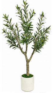 lot 140 image: Olive Trees Artificial Indoor, 4ft Tall Olive Tree with White Planter, Faux olive tree with Natural Wood Trunk & Realistic Leaves & Lifelike Fruits, Artificial Plants for Home Decor Office Living Room - Retail $45