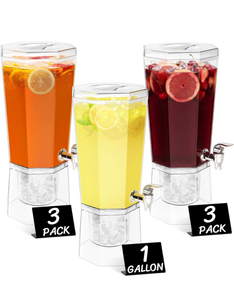 lot 143 image: Lifewit 1 Gallon Drink Dispenser for Party with Leak-Proof Spigot, 3 PcsBPA Free Plastic, Removable Stand for Fridge Storage, Beverage Container for JuiceTeaLemonade Stand, Soda & Mimosa Bar - Retail $55