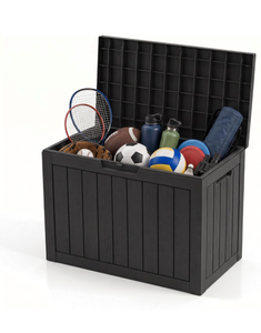 lot 148 image: 50 Gallon Outdoor Storage Box, Resin Deck Box for Patio Cushions, Garden Tools & Pool Accessories, Waterproof Lockable Storage Container, Weather Resistant Patio Storage Chest, Black  - Retail $60