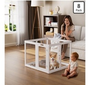 lot 149 image: Clear Acrylic Dog Playpen Indoor Pet Pen, 30 H, White, 8 Panels Open View, Tool-free Setup, DIY Shape, Multi-use & Easy Cleaning Pen, Clear Dog pen for Small & Medium Dogs, Cats & Puppies - Retail $200