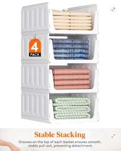 lot 152 image: Lifewit 4 pack Stackable Closet Storage Baskets, 16.5 Plastic Organizers - Retail $33