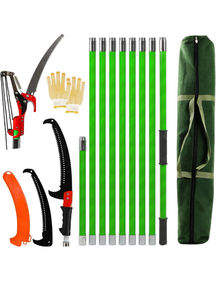 lot 172 image: 30 Ft Manual Pole Saw, Extendable Tree Pruner Pole Saw Kit with 9 Fiberglass Handles, Sharp Steel Blade and Scissors High Branch Cutting Tool for Garden Palm Shrub Fruit Tree Pruning - Retail $80