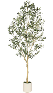 lot 177 image: Faux Olive Tree 7ft with Sturdy White PlanterOlive Trees Artificial Indoor with Olive Branches, Lifelike Fruits, Fake Olive Tree for Home Living Room Decor - Retail $109