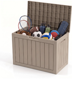 lot 183 image: 50 Gallon Outdoor Storage Box, Resin Deck Box for Patio Cushions, Garden Tools & Pool Accessories, Waterproof Lockable Storage Container, Weather Resistant Patio Storage Chest, Grey - Retail $60