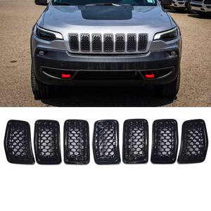 lot 2730 image: KYYET 7PCS Gloss Black Compatible with Jeep Cherokee 2019 2020 2021 Front Mesh Grille Grill Trim Honeycomb Insert Cover Accessories - Retail $66