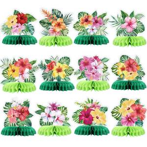 lot 2770 image: QOUBAI 12Pcs Hawaii Luau Honeycomb Centerpieces Summer Party Decor Tropical Honeycomb Centerpieces Table Toppers Palm Leaves Flowers Table Decorations for Hawaii Aloha Birthday Party Supplies Favors - Retail $9