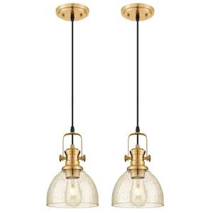 lot 2771 image: Audickic 2-Pack 7.5 Brushed Gold Pendant Light Kitchen Island, Amber Shade - Retail $80