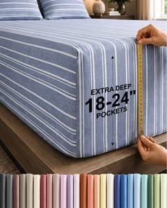 lot 2783 image: CGK Extra Deep King Single Fitted Sheet Only - Blue Stripes - Retail $25
