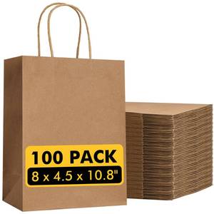 lot 2795 image: RACETOP 100 Pack Brown Kraft Gift Paper Bags with Handles 8x4.5x10.8 in - Retail $25