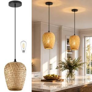 lot 2799 image: AyshwillDec Wicker Pendant Lights Bamboo Pendants Light Boho Chandelier Rattan Pendant Wicker Light Fixture Woven Pendants Lights for Kitchen Island Living Room Dining Room (Bulb Incl.) - Retail $40