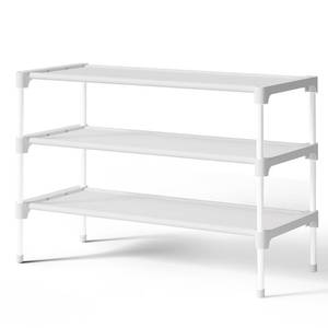 lot 2801 image: Kitsure Small Shoe Rack - Non-Woven Shoe Rack Shelf, Shoe Organizer for Closet, Entryway, Garage & Corridor, Stackable Shoe Shelves, 27.5 Wide - 3 Tier, White - Retail $17