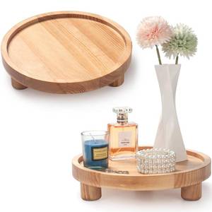 lot 2821 image: MISSING THREE LEGS  2 Pcs Wood Riser for Display, Round Wooden Tray Decor, Farmhouse Pedestal Stand, Decorative Riser Tray for Kitchen or Bathroom Counter, Natural - Retail $26