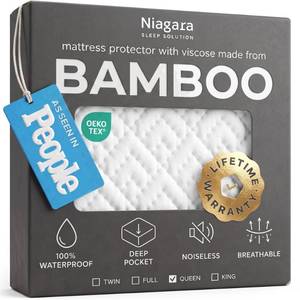 lot 2832 image: 100% Waterproof Queen Mattress Protector - 360 Pad Protection Against Spills, Stains & Accidents for Parents & Pet Owners - Noiseless & Cooling Viscose Made from Bamboo (White) - Retail $22