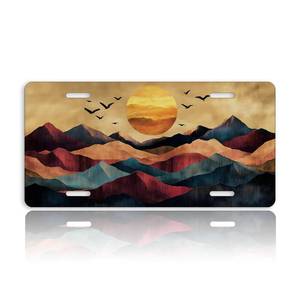 lot 2834 image: Sunset Mountains Front License Plate for Women Abstract Art Landscape Birds Sun Car Vanity Plates Decorative Aluminum Metal Cute Novelty License Plate 6x12 Inch (4 Holes) - Retail $15