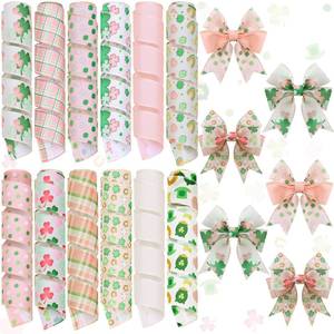 lot 2856 image: Vincreem 12 Rolls St Patricks Day Wired Edge Ribbon Lucky Charm Pink Shamrock Print Clover Fabric Grosgrain Wrapping Ribbon for Bow Wreath Party Home Decor 12 Styles - Retail $80