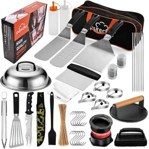lot 2879 image: purechef 238pcs Premium Griddle Accessories Kit, Griddle Tools for Flat Top Grill with Enlarged Spatulas, Burger Press, Basting Cover, Flat Top Grill Accessories for Outdoor BBQ Teppanyaki - Retail $34