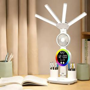 lot 2885 image: niccryle 6-in-1 Led Desk Lamp Adjustable Foldable Table Lamp with Fan, Clock, Dates, Temperature, Pen Holder, 3 Color & Stepless Dimming, Reading Lamp for Study Table Work Office - Retail $30