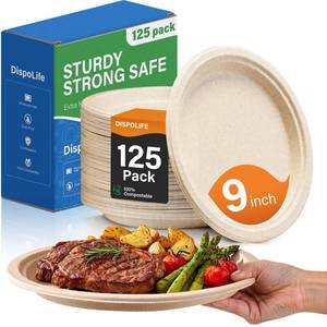 lot 2923 image: Compostable Paper Plates 9 Inch 125 Pack Heavy Duty Disposable Plates - Retail $20