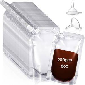 lot 2926 image: Meanplan 200 Pcs Reusable Plastic Pouches Bulk, with Funnel, 8 oz - Retail $29