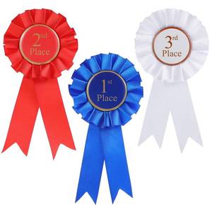 lot 2943 image: Ymapinc 3Pcs Award Ribbons Rosette, First Place Ribbon 1st 2nd 3rd Place Medals Prize Ribbons Participation Honorable Ribbon Badge for Winner - Blue Red White (3 Pcs) - Retail $6