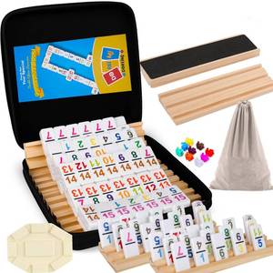 lot 2945 image: Doreimi Mexican Train Dominoes Double 15, 136 Number Tiles, 8 Wooden Racks - Retail $60