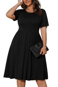 lot 2958 image: POSESHE Womens Plus Size Black Dresses Summer Short Sleeve Casual 2024 Round Neck Dress with Pockets,Black,3XL - Retail $15