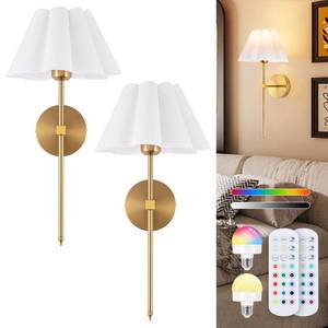 lot 2971 image: EIDEARAY Battery Operated Wall Sconces Sets of 2, Indoor not Hardwired White Fabric lampshade Fixtures,Rechargeable Wireless 10 Colors Wall Lights with Dimmable Remote Control (20 inches) - Retail $70