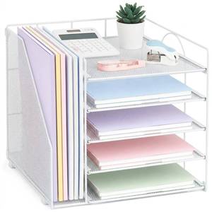 lot 25 image: LEKETREE Desk Organizers and Accessories, 5-Tier Paper Letter Tray Organizer with File Holder, Desktop Organizer for Office Supplies (White) - Retail $29