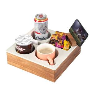 lot 43 image: Hitseon Couch Cup Holder Tray, Handy Soft Silicone Acacia Wooden Couch Caddy for Bed Car Seat Beach Organizer, Waterproof Anti-Spill Sofa Cup Holder for Snacks Beverage Remote (White) - Retail $33