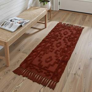 lot 47 image: Uphome Boho Washable Runner Rugs 2 x 5, Woven Tufted Neutral Hallway Runner Rug with Fringe, Terracotta Cotton Farmhouse Entryway Rug, Tribal Accent Bedroom Floor Carpet for Bedside Laundry Kitchen - Retail $37
